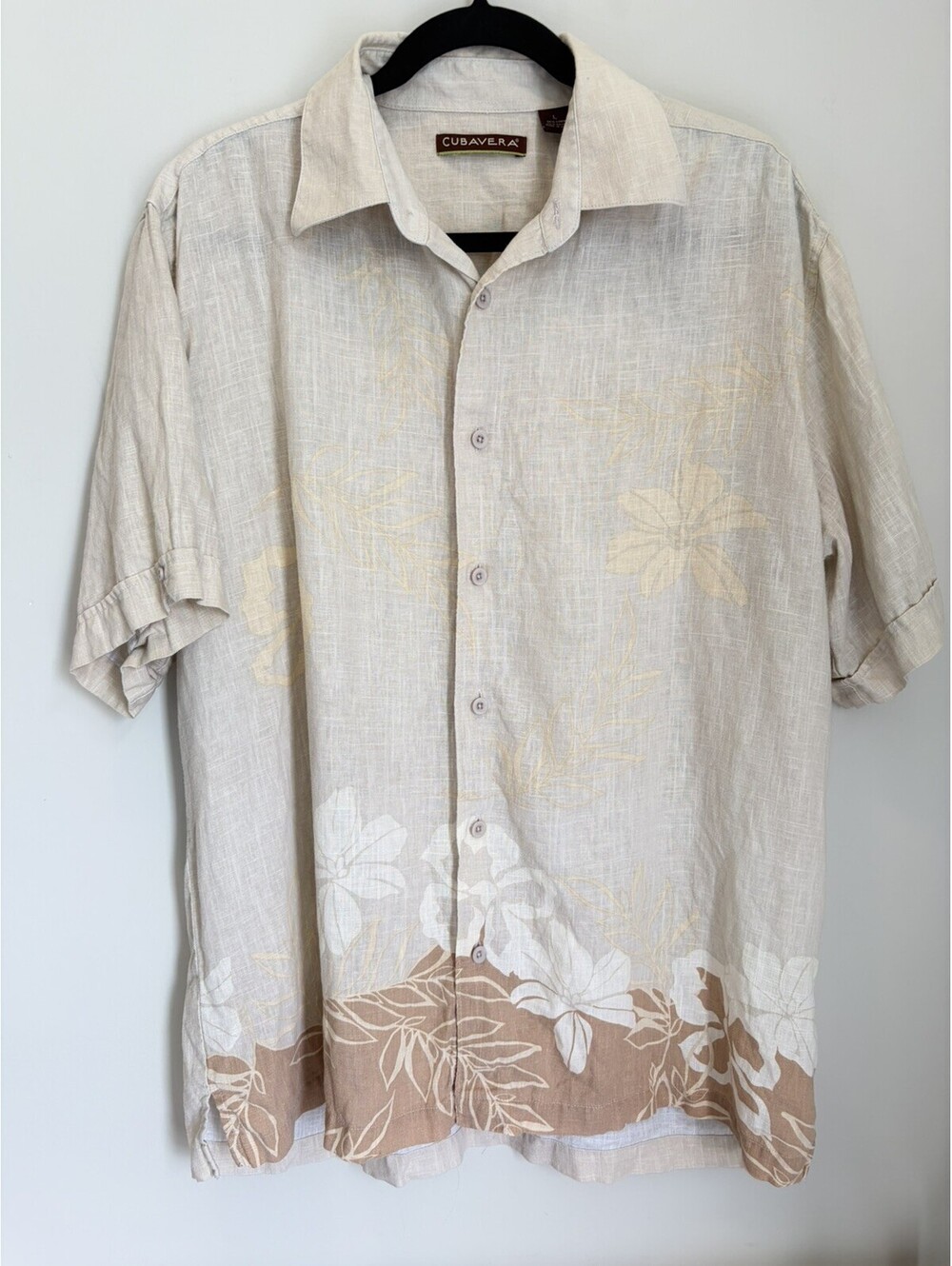 Cubavera Shirt Mens L Beige Linen Floral Short Sleeve Button-Up Relaxed